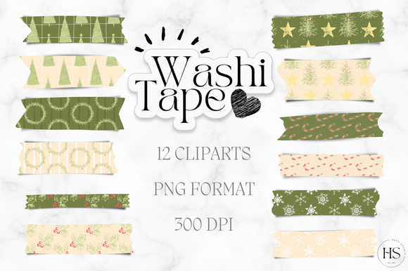 12 Pastel Christmas Washi Tape Bundle: Modern Design Illustrations