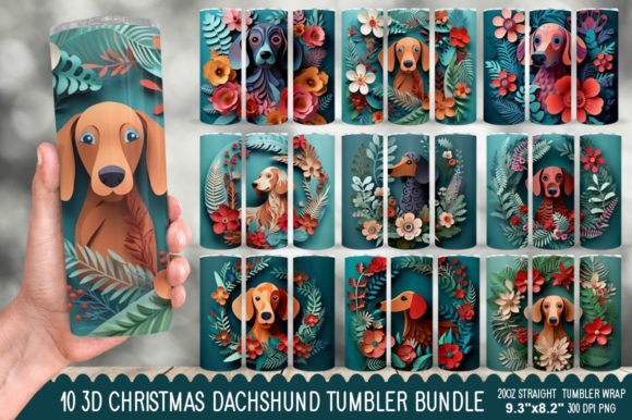3D Christmas Dachshund Tumbler Bundle: Festive Illustrations for Crafters