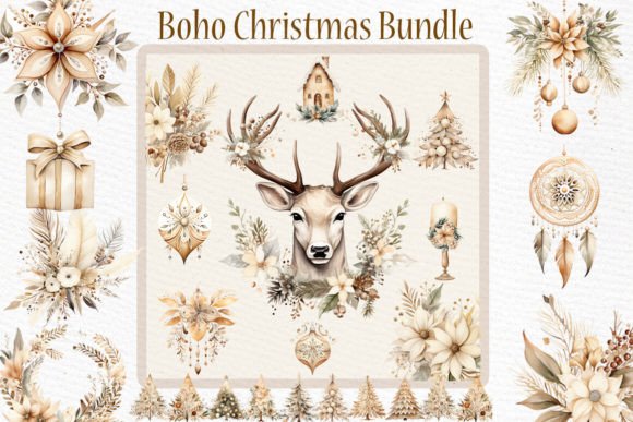 Boho Christmas Clipart Bundle Cozy for Modern Illustrations
