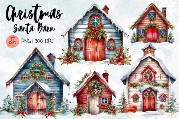 Christmas Santa Barn Watercolor Clipart for Illustrations