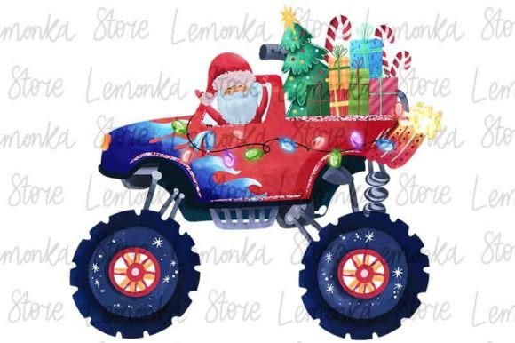 Colorful Christmas Truck with Santa PNG Illustrations