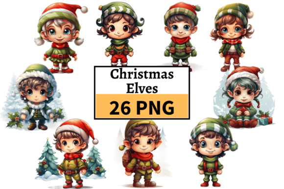 Cute Christmas Elves Clipart Bundle PNG for Illustrations