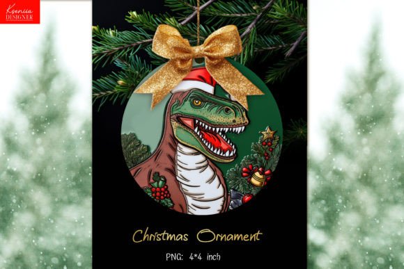 Dinosaur Christmas Round Ornament PNG for Modern Illustrations