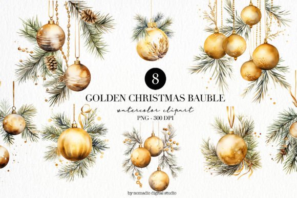 Golden Christmas Bulbs Ornament Clipart for Illustrations