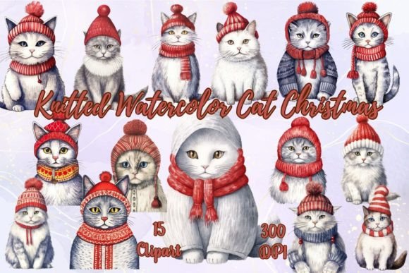 Knitted Watercolor Cat Christmas Clipart Review