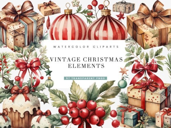 Vintage Christmas Elements Clipart for Illustrations