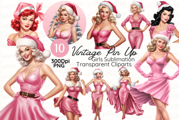 Vintage Pin Up Pink Christmas Girls Illustrations