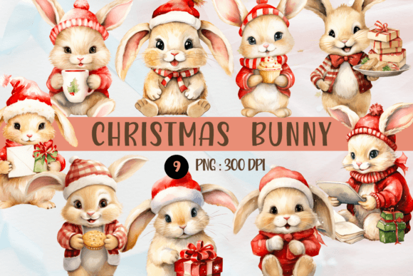 Watercolor Christmas Bunny PNG Cliparts & Illustrations