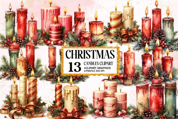 Watercolor Christmas Candle Clipart for Seasonal Illustrations