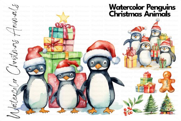 Watercolor Christmas Penguins: Festive Illustrations for Brand Identity