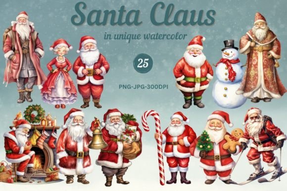 Watercolor Santa Claus Christmas Clipart for Illustrations