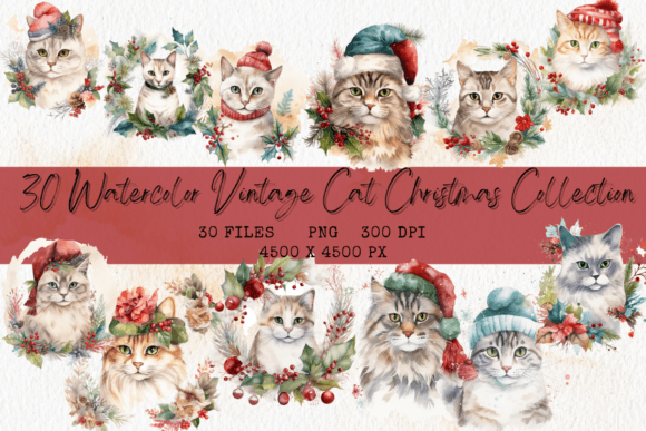 Watercolor Vintage Cat Christmas Illustrations Review