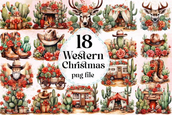Watercolor Western Christmas Cliparts for Illustrations